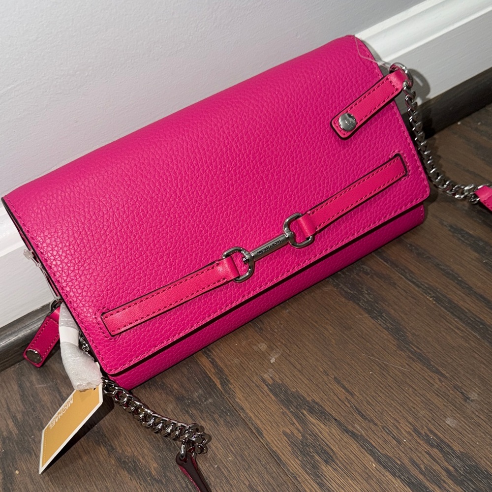 Michael Kors Fuchsia Leather Clutch with Chain Strap